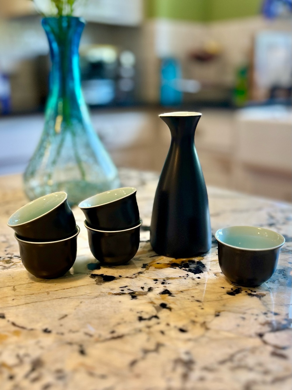 Matte Black Sake Set with Pale Aqua Interior Carafe + 5 cups